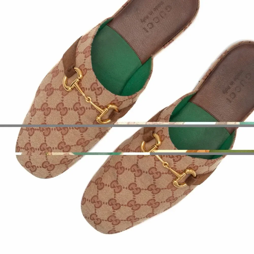Gucci Men’s Pericle Canvas Monogram Brown Horsebit Slippers Mules 43.5 US10.